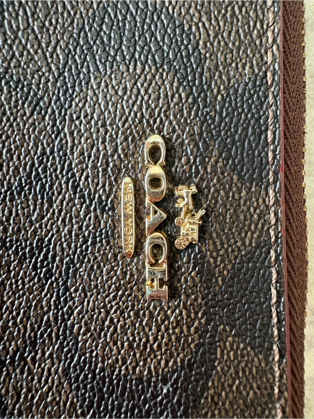 Coach Brown and Black Pebbled Leather Zip Wallet with Gold Logo